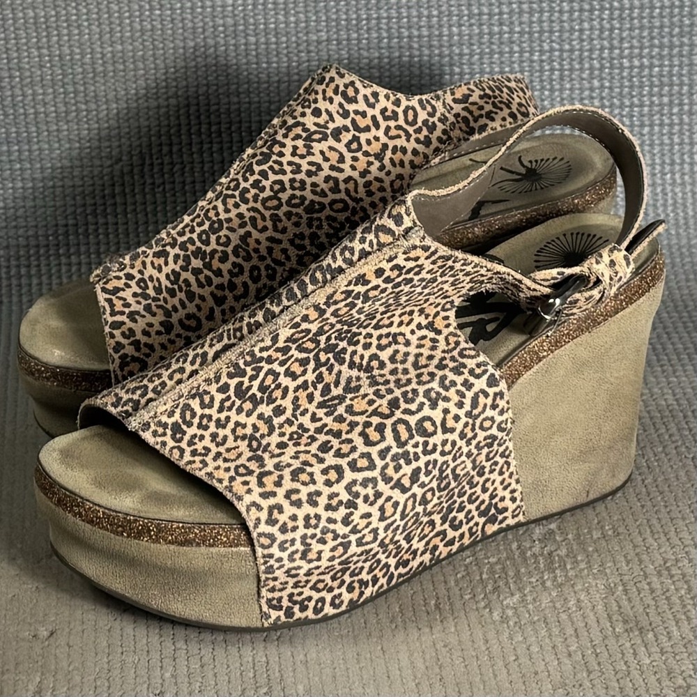 OTBT Jaunt Leather Platform Wedge Cheetah Sandals Women's Size 7